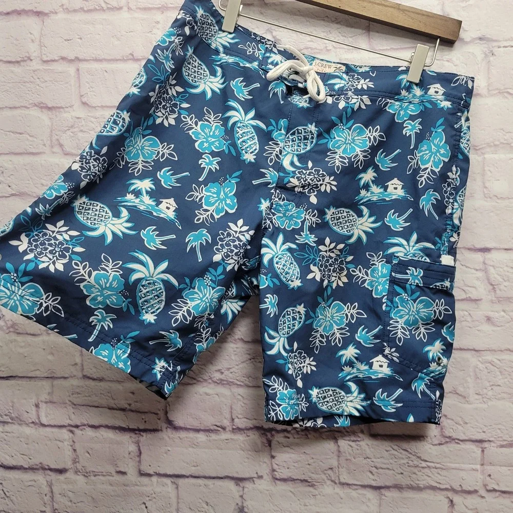 J Crew Flex Swimwear Swim‎ Trunks Board Shorts Mens XL Blue Tropical Pineapples